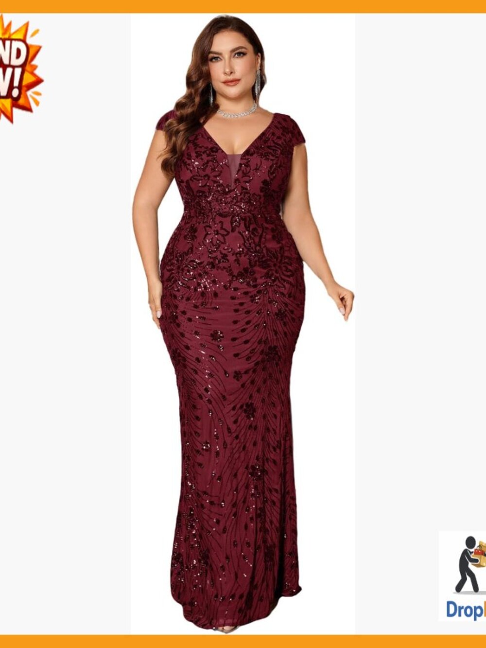 Sequin Embroidered Mermaid Evening Gown V-Neck Maxi Dress Cap Sleeve Formal